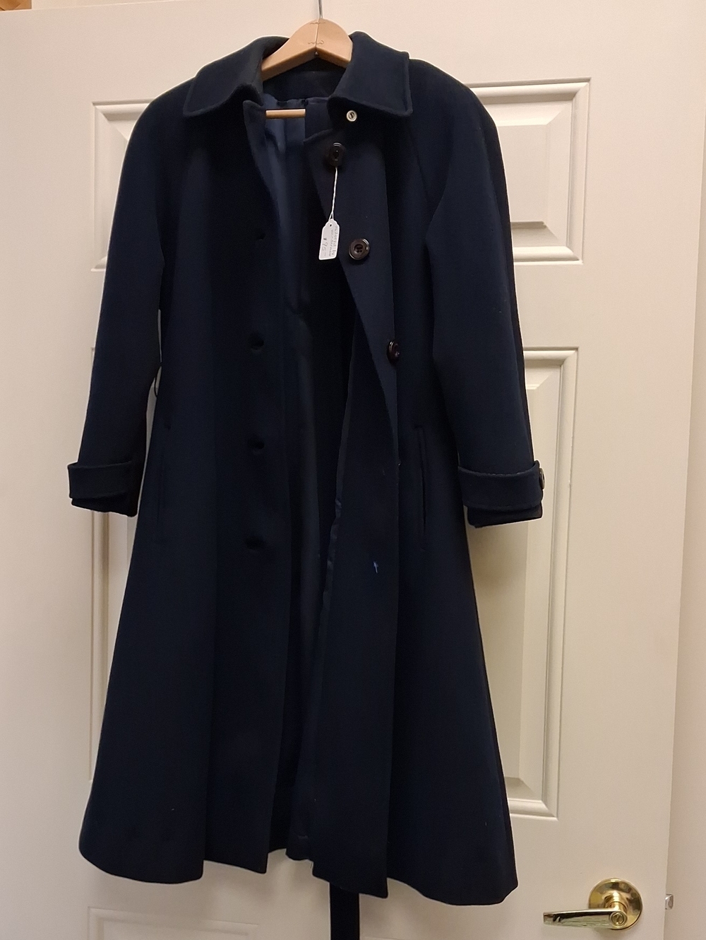 Women's Navy Wool Blend Long Coat - Classic A-Line Trench VINTAGE